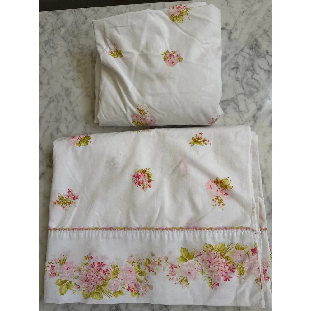 Vintage Montgomery Ward Twin Sheet Set Pink Floral Rosebud Percale Flat Fitted